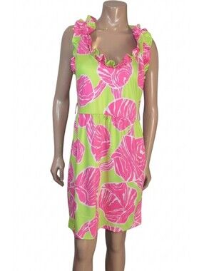 Gretchen Scott Pink Green Seashell Ruffneck Dress Womens Size Large Pockets